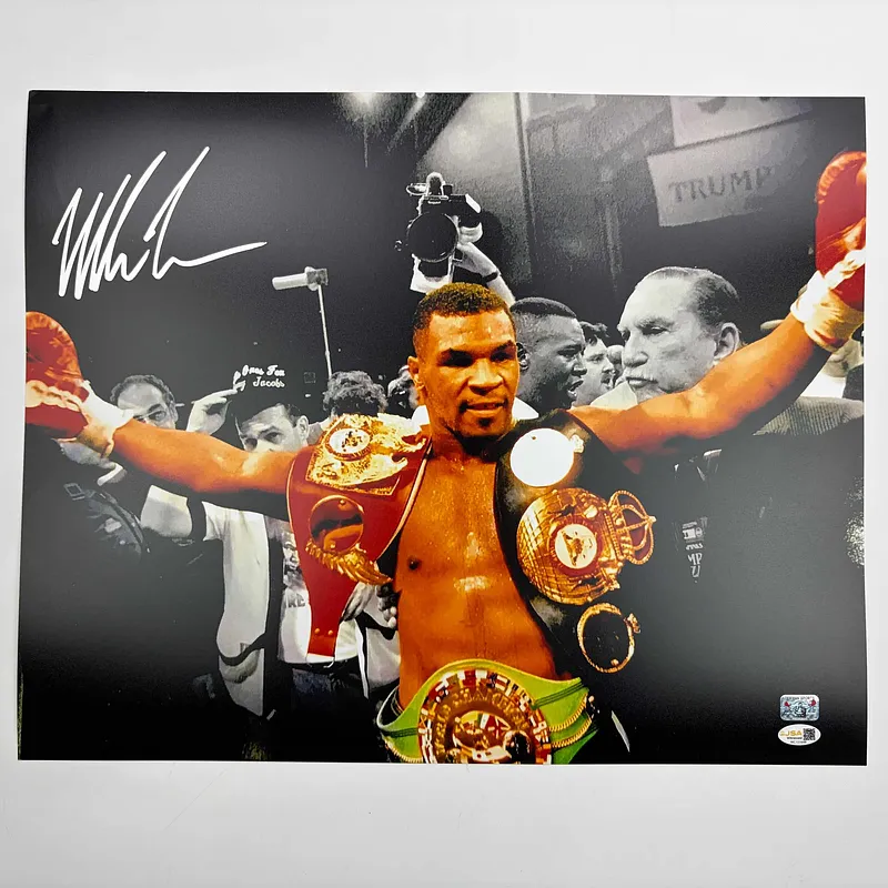 Autographed/Signed Mike Tyson Belts Boxing 16x20 Photo JSA COA