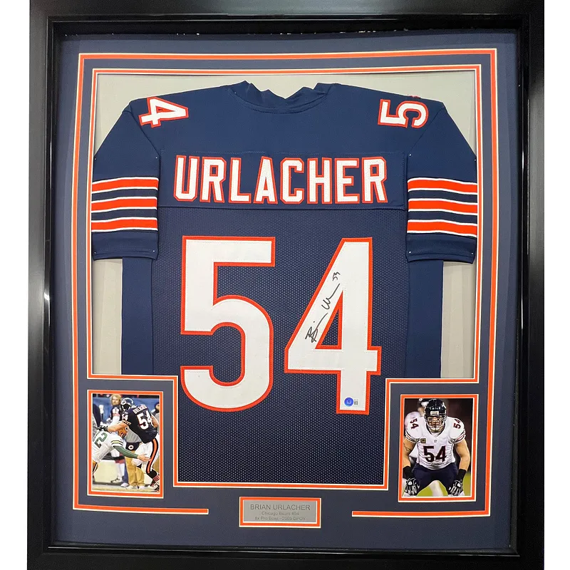 Framed Autographed/Signed Brian Urlacher 35x39 Chicago Bears Blue Football Jersey Beckett BAS COA