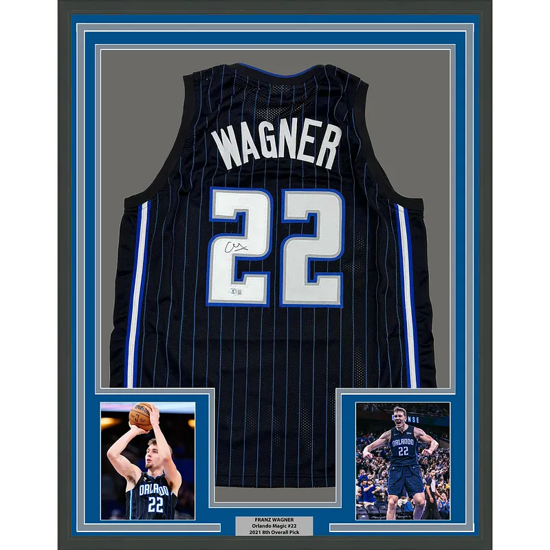 Framed Autographed/Signed Franz Wagner 35x39 Orlando Black Basketball Jersey Beckett BAS COA