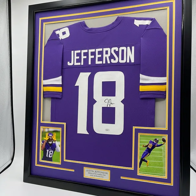 Framed Autographed/Signed Justin Jefferson 35x39 Minnesota Purple Football Jersey JSA COA