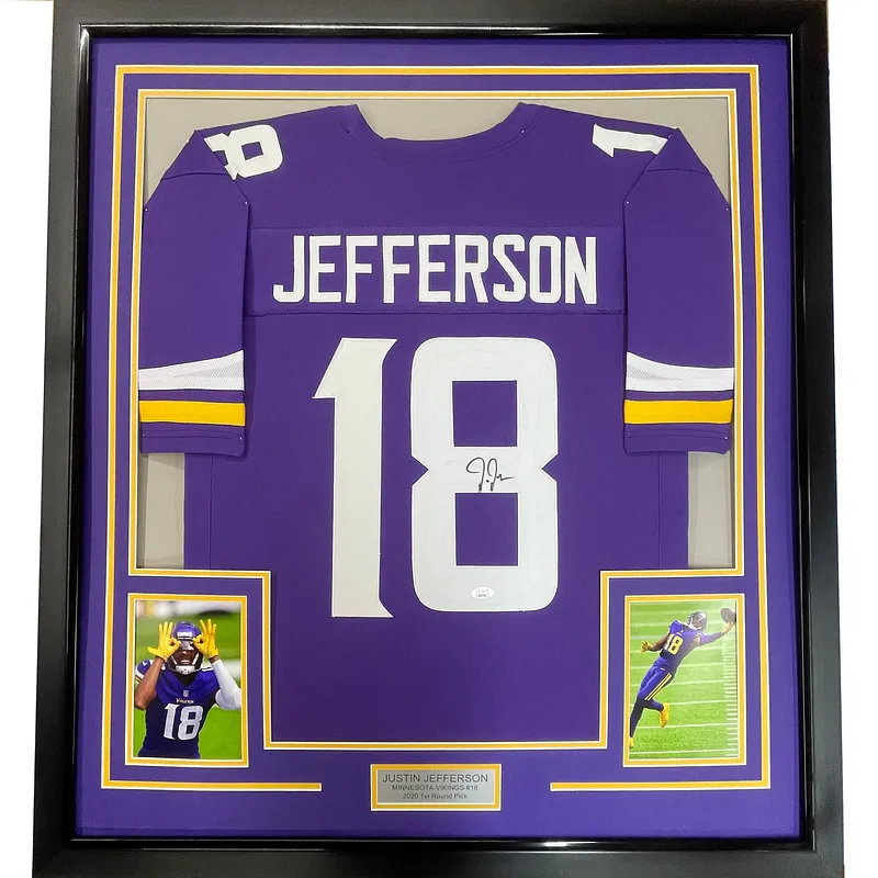 Framed Autographed/Signed Justin Jefferson 35x39 Minnesota Purple Football Jersey JSA COA